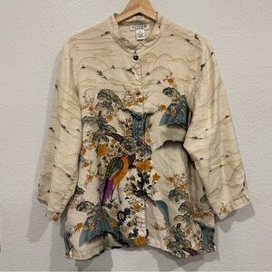 Citron Santa Monica Silk Linen Colorful Bird Print Button-Up Top - XL